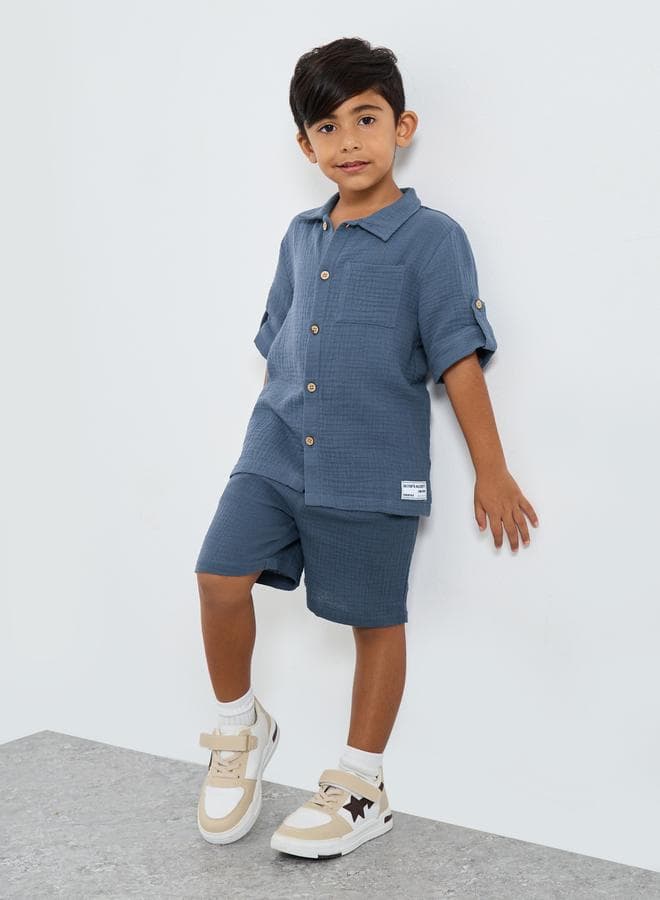 Boys Blue Cotton Double Gauze Shirt & Shorts Set - Image 1
