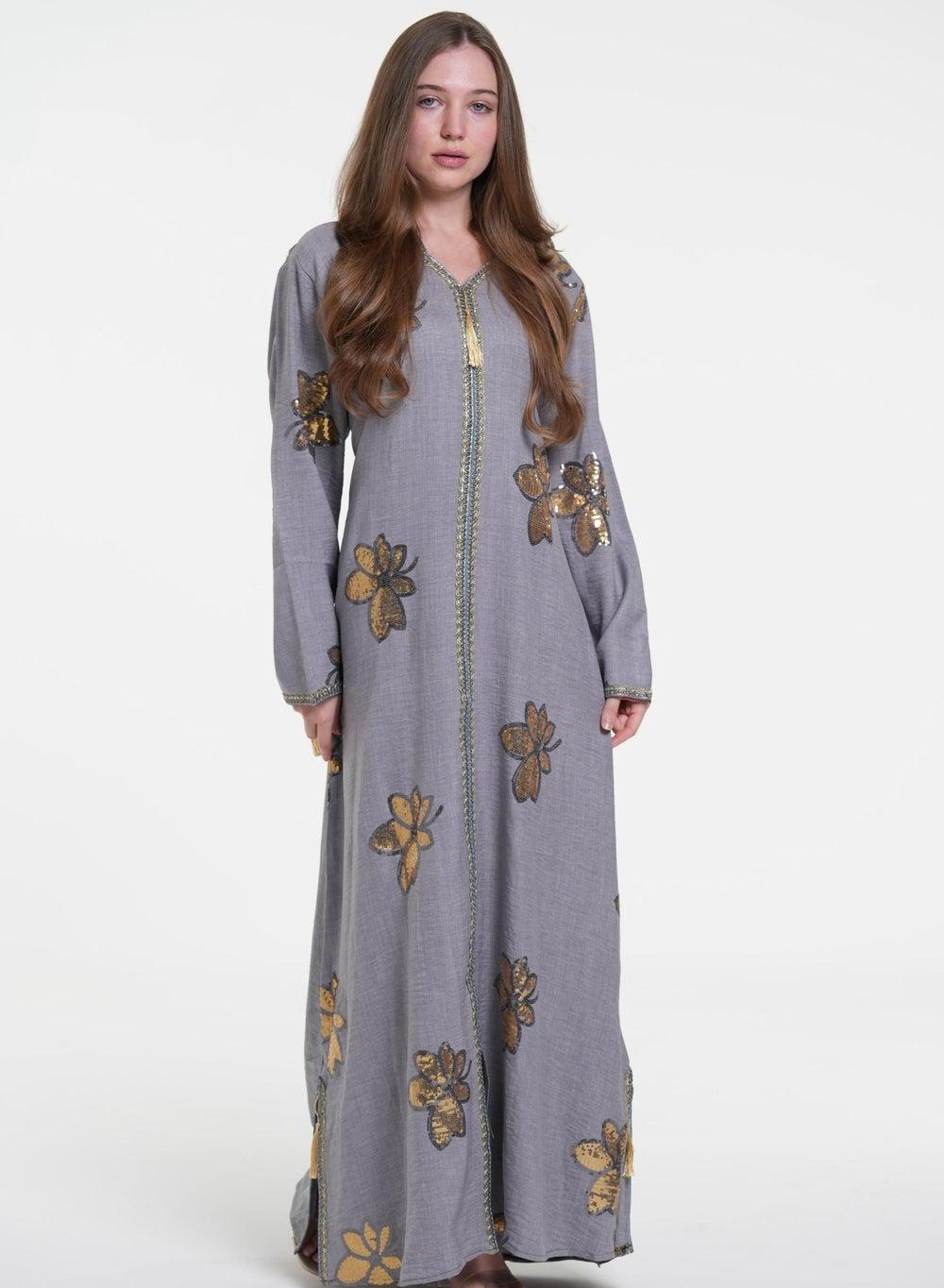 Grey Linen Cotton Jalabiya V-Neck Syrian Dress - Image 1