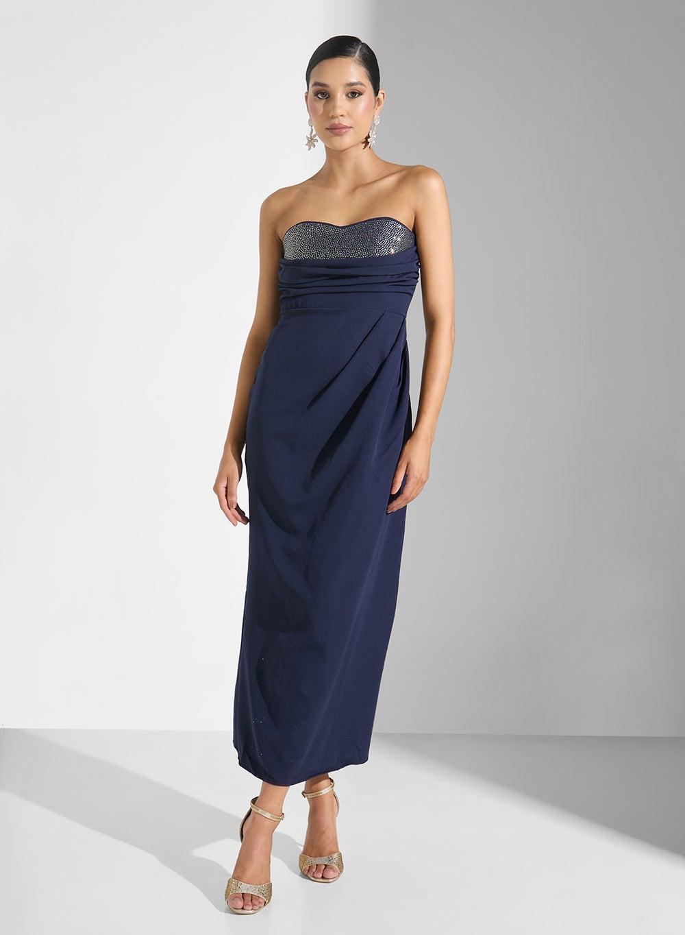 Ma080155 Navy Ruched Embellished Sweetheart Maxi Dress - Image 1