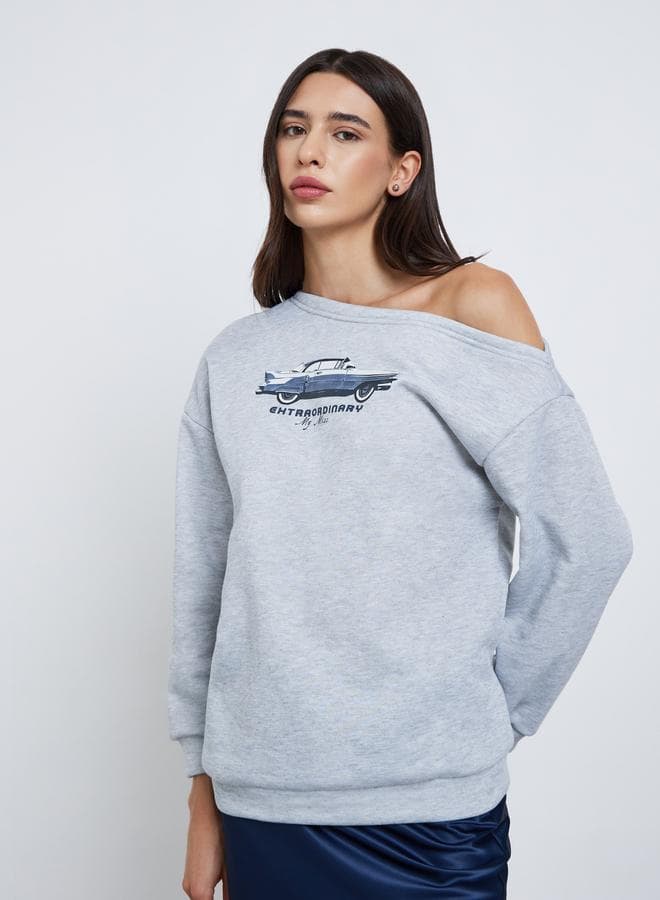 Styli Grey Asymmetric Graphic Sweatshirt - Image 1