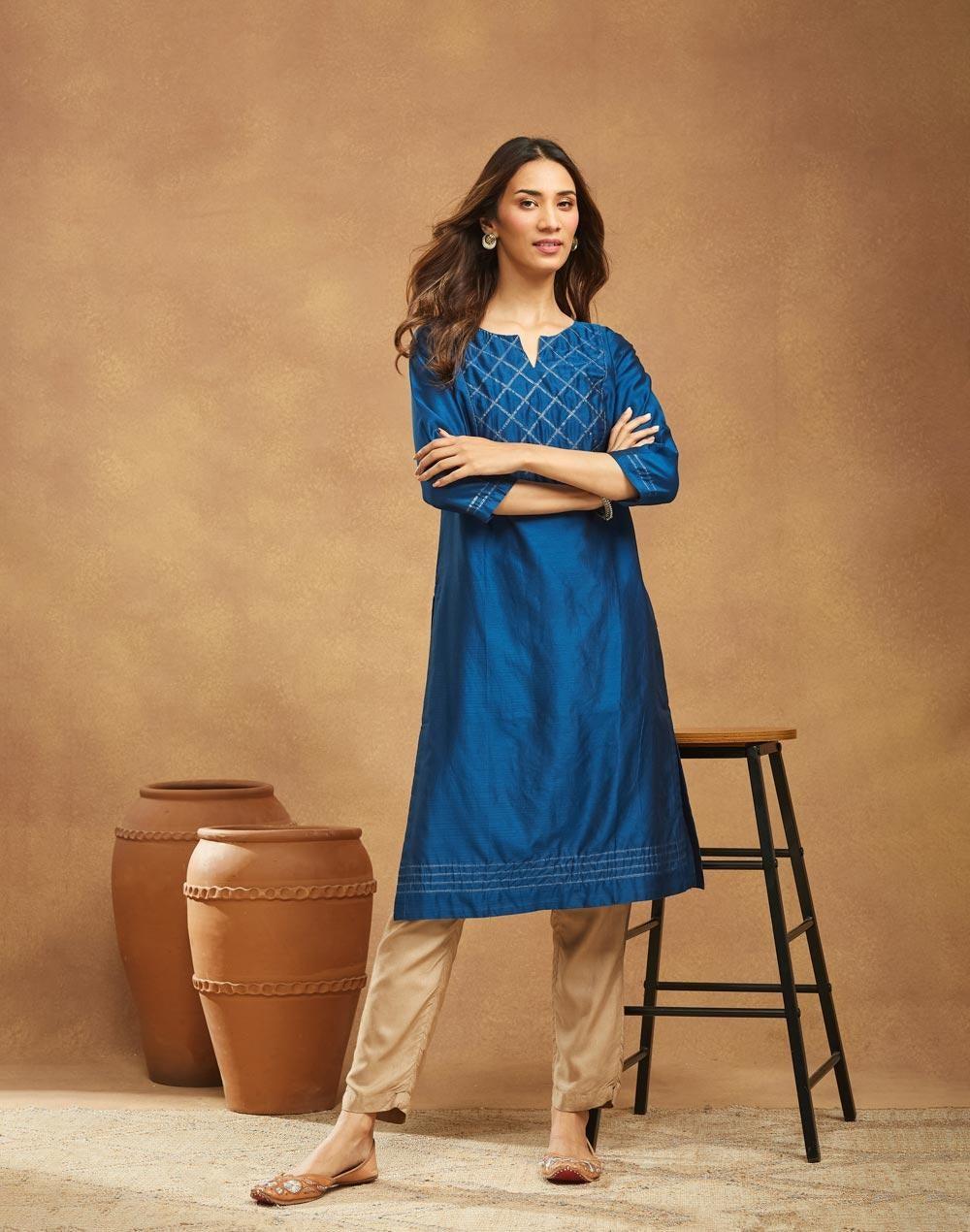 Navy Cotton Silk Embroidered Festive Long Kurta - Image 1