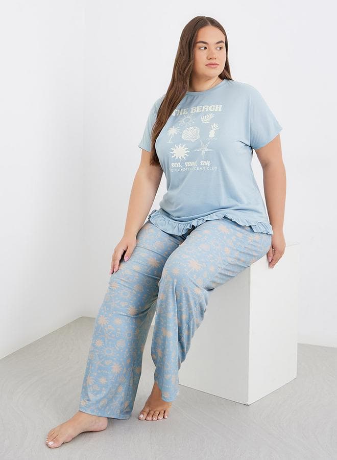 Plus Beach Graphics Ruffle Hem Pyjama Set - Image 1