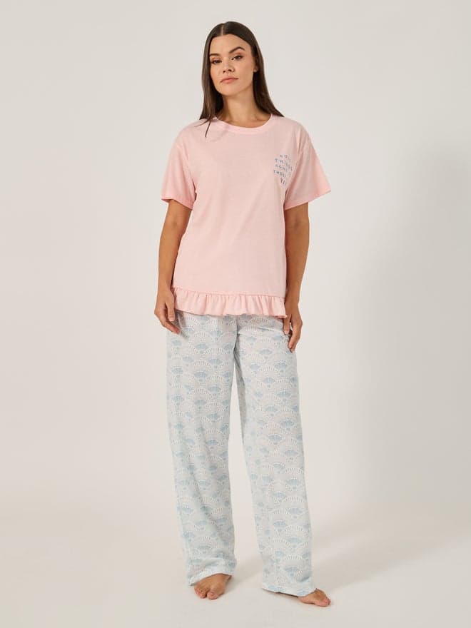 Unwind Printed Pajama Set Round Neck Tee & Cropped Pants - Image 1