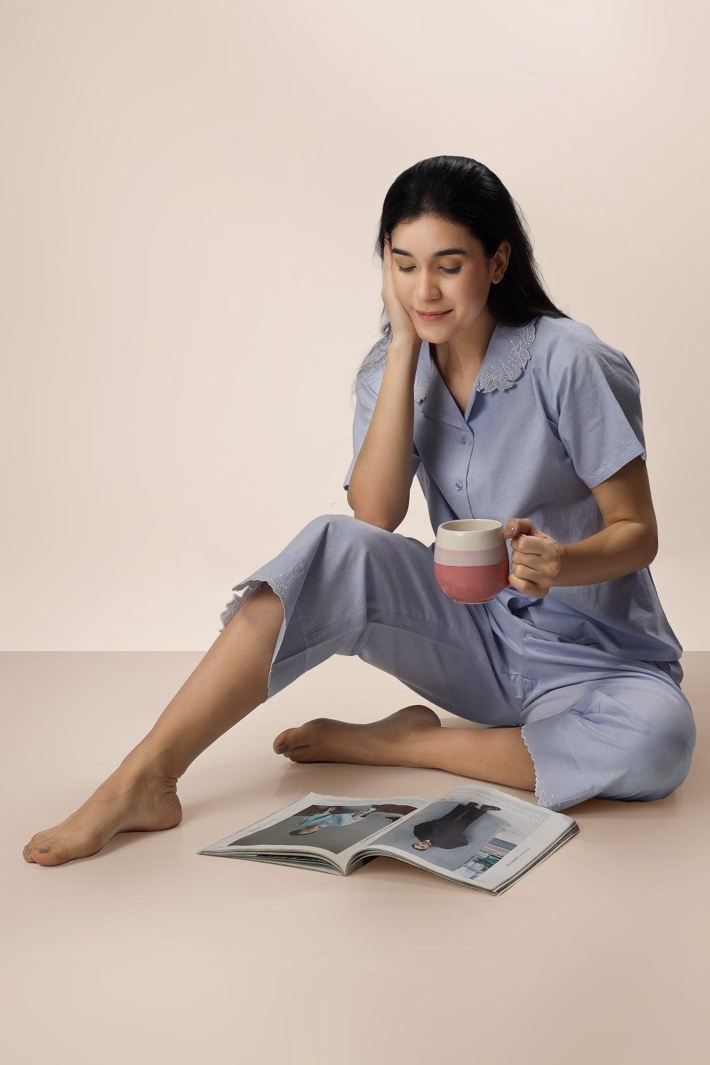 Brie Oxford Chambray Embroidered Pyjama Suit - Image 1