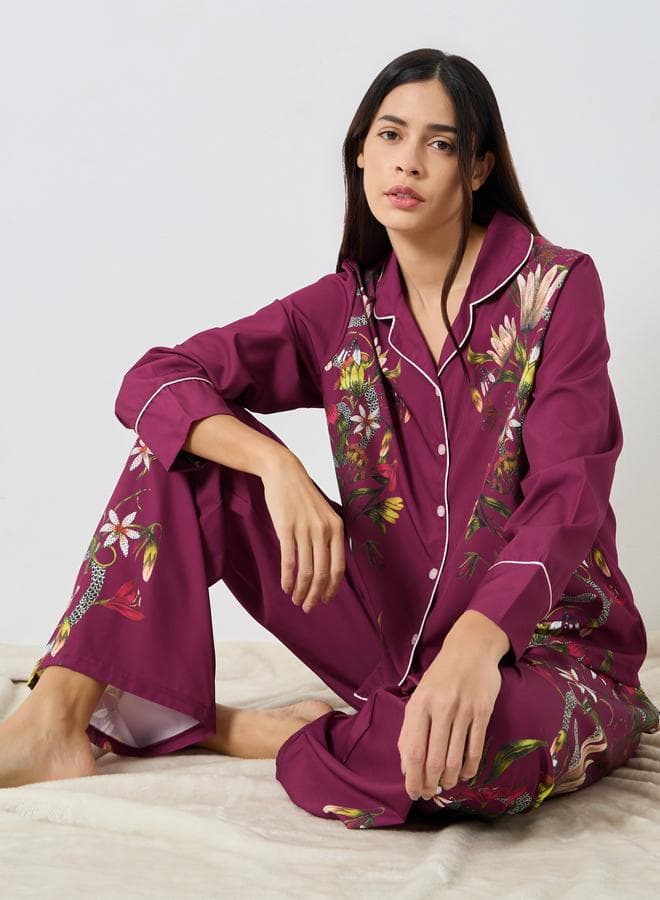 Styli Satin Floral Burgundy Pyjama Set with Piped Trim - Image 1
