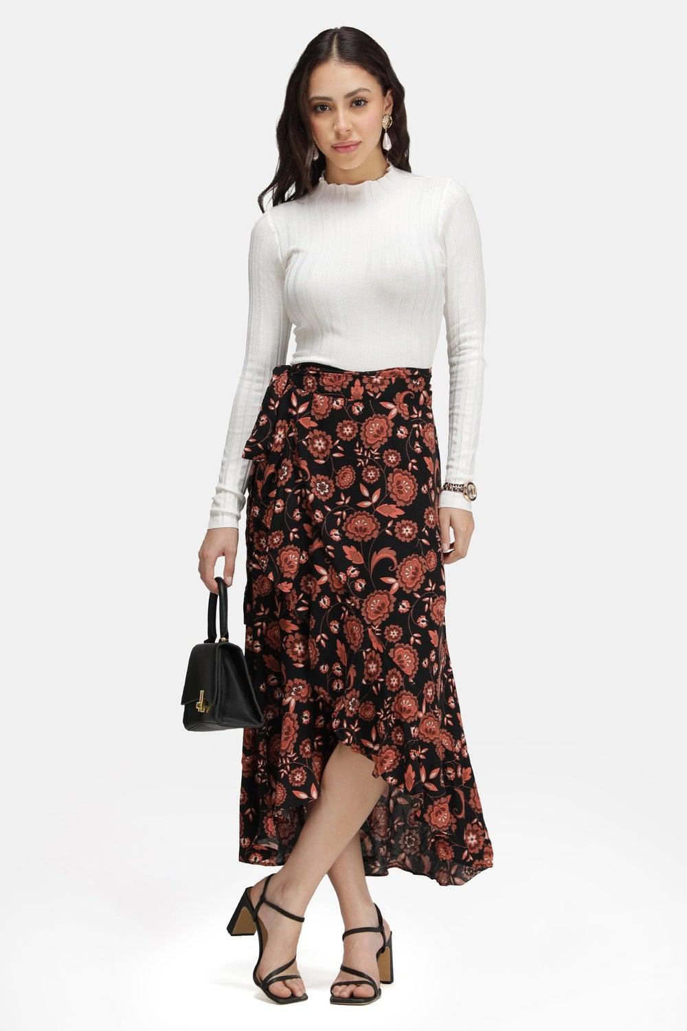 Asymmetric Floral Wrap Maxi Skirt in 100% Viscose - Image 1