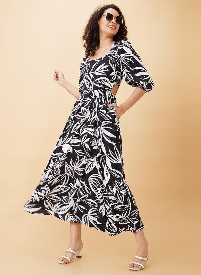 Black Leaf Print Cut-Out A-Line Midi Dress - Image 1
