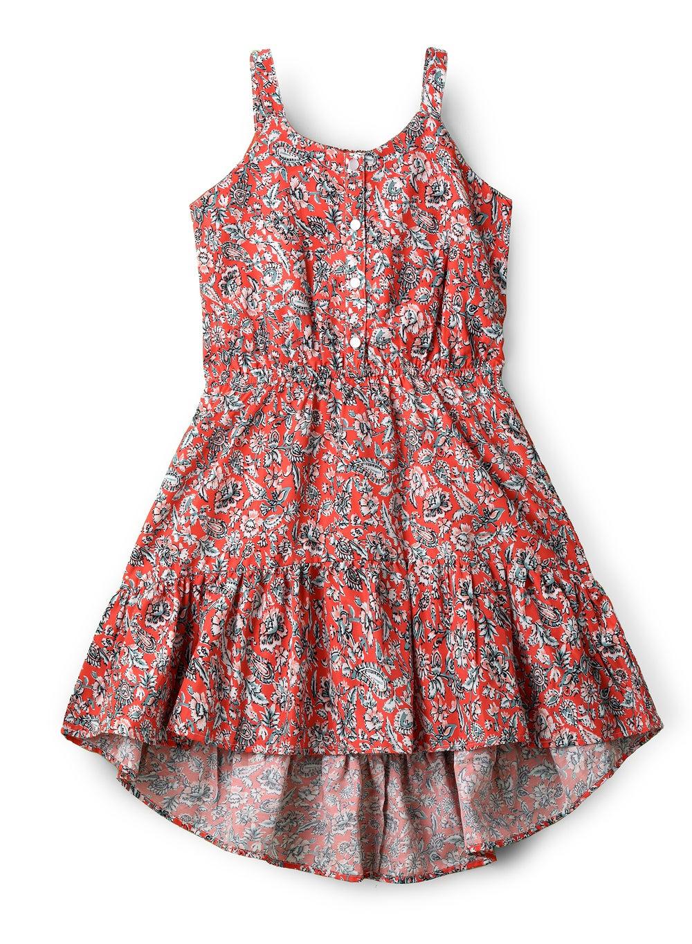 Girls Coral Red Floral High-Low Button Dress - Image 1