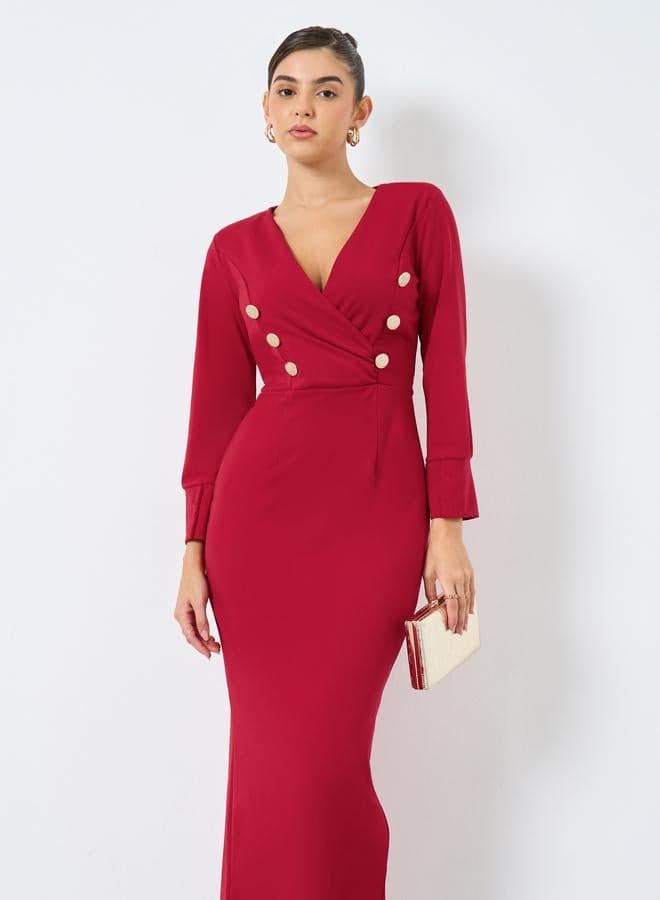 Styli Ruby Red Maxi Blazer Dress Button Detail - Image 1