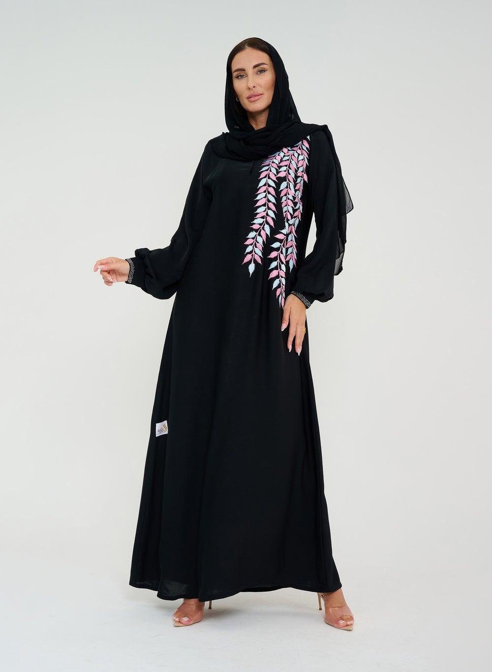 Black Embroidered Abaya with Pleated Color Sleeves - Image 1