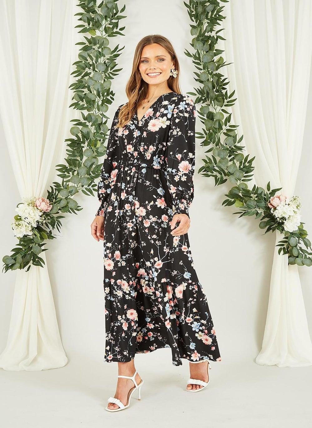 Black Floral Maxi Dress with V-Neck Elegance - Image 1