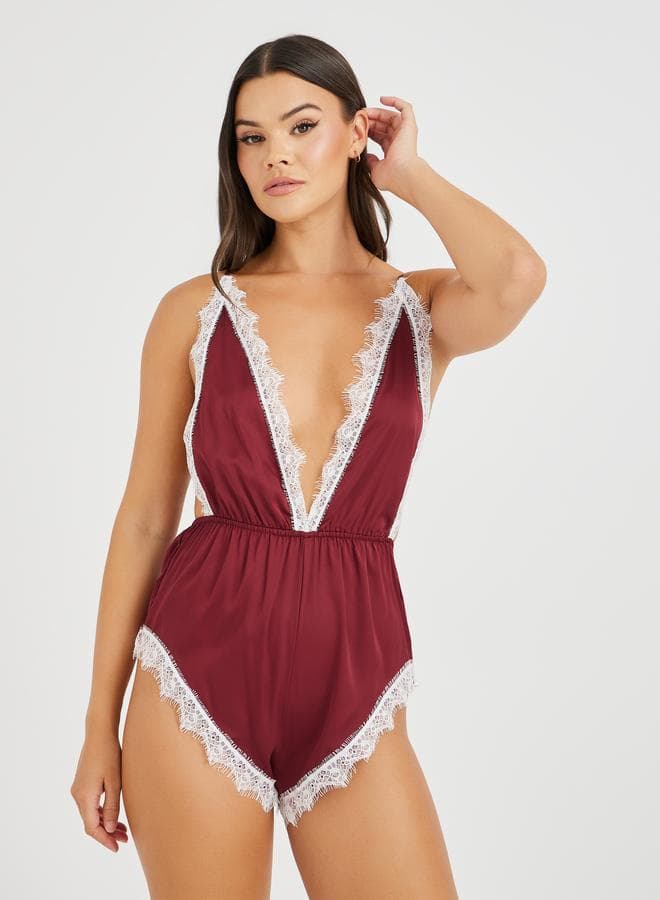 Red Contrast Lace Edge Teddy Bodysuit - Image 1