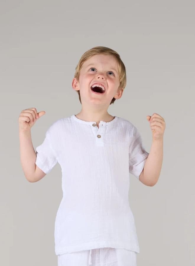 Boys White Cotton T-Shirt with Coconut Buttons - Image 1