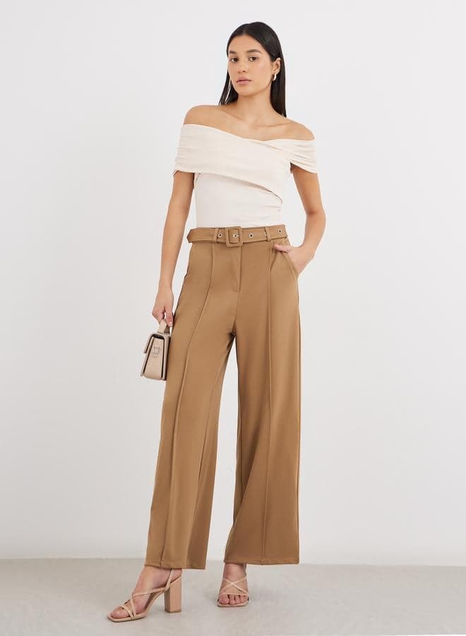 Tan Wide Leg Pintuck Trousers High Rise Elegance - Image 1
