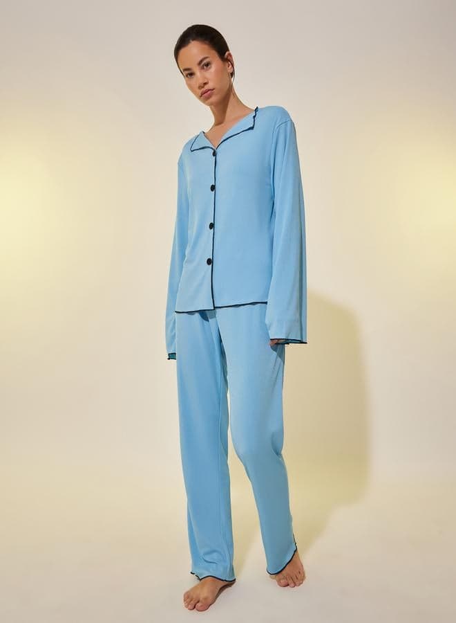Ribbed Contrast Trim Long Sleeve Pyjama Set Blue 7012651803 - Image 1