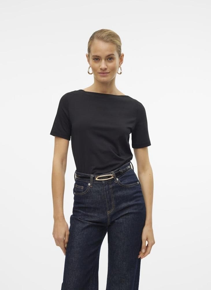 Black Boat Neck Cotton Modal T-Shirt 10231753 - Image 1