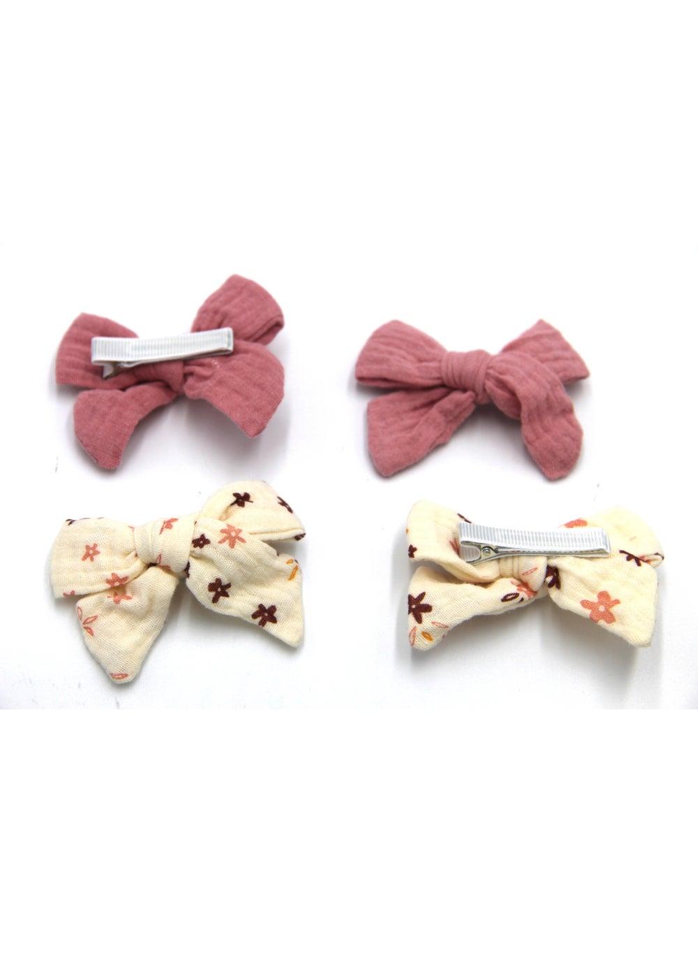 Adella Ribbon Bow Clip Set – Dark Pink & Cream - Image 1
