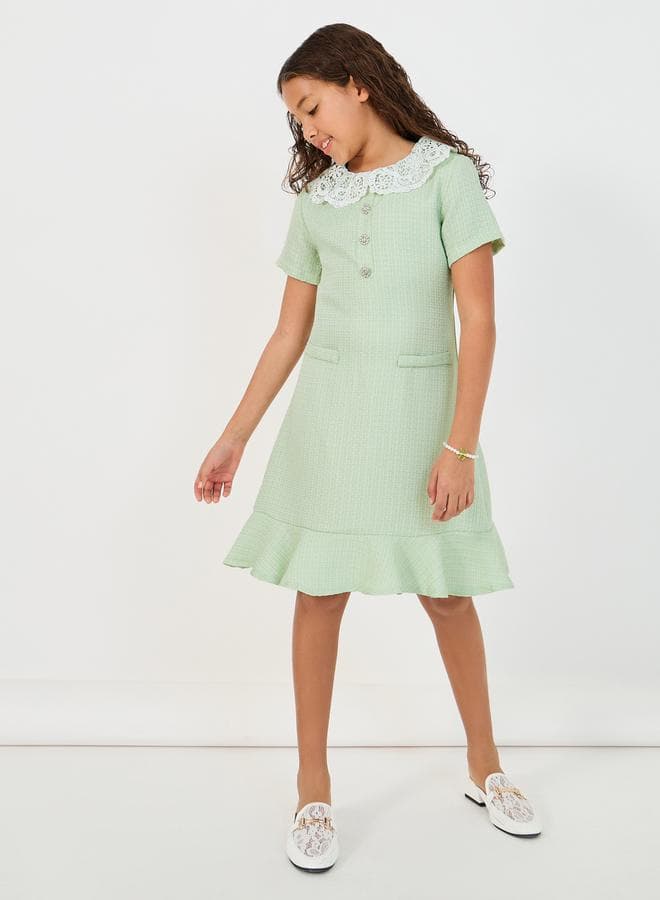 Girls Light Green Tweed Collared Dress 2112225313Green - Image 1