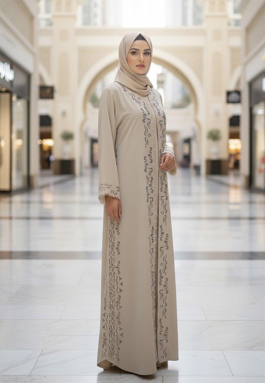 Beige Flow Embroidered Abaya 801 in Premium Nida - Image 1