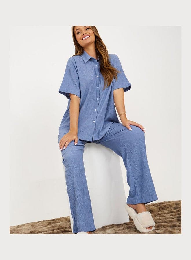 Textured Blue Short Sleeve Pyjama Set 7003767903 - Image 1