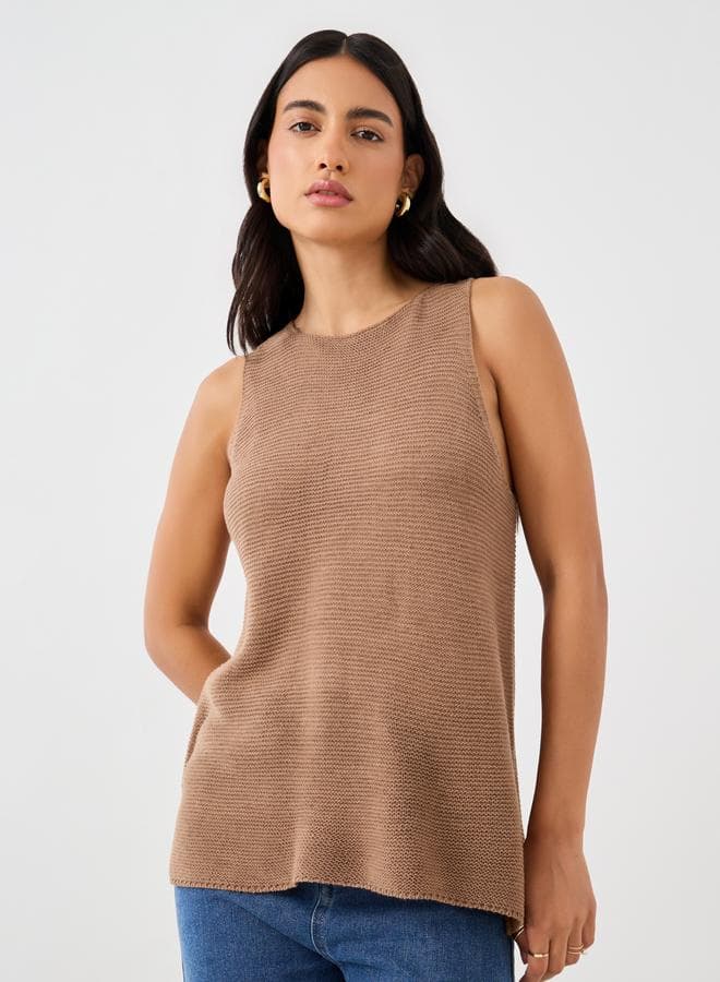 Brown Sleeveless Round Neck Knit Top - Image 1