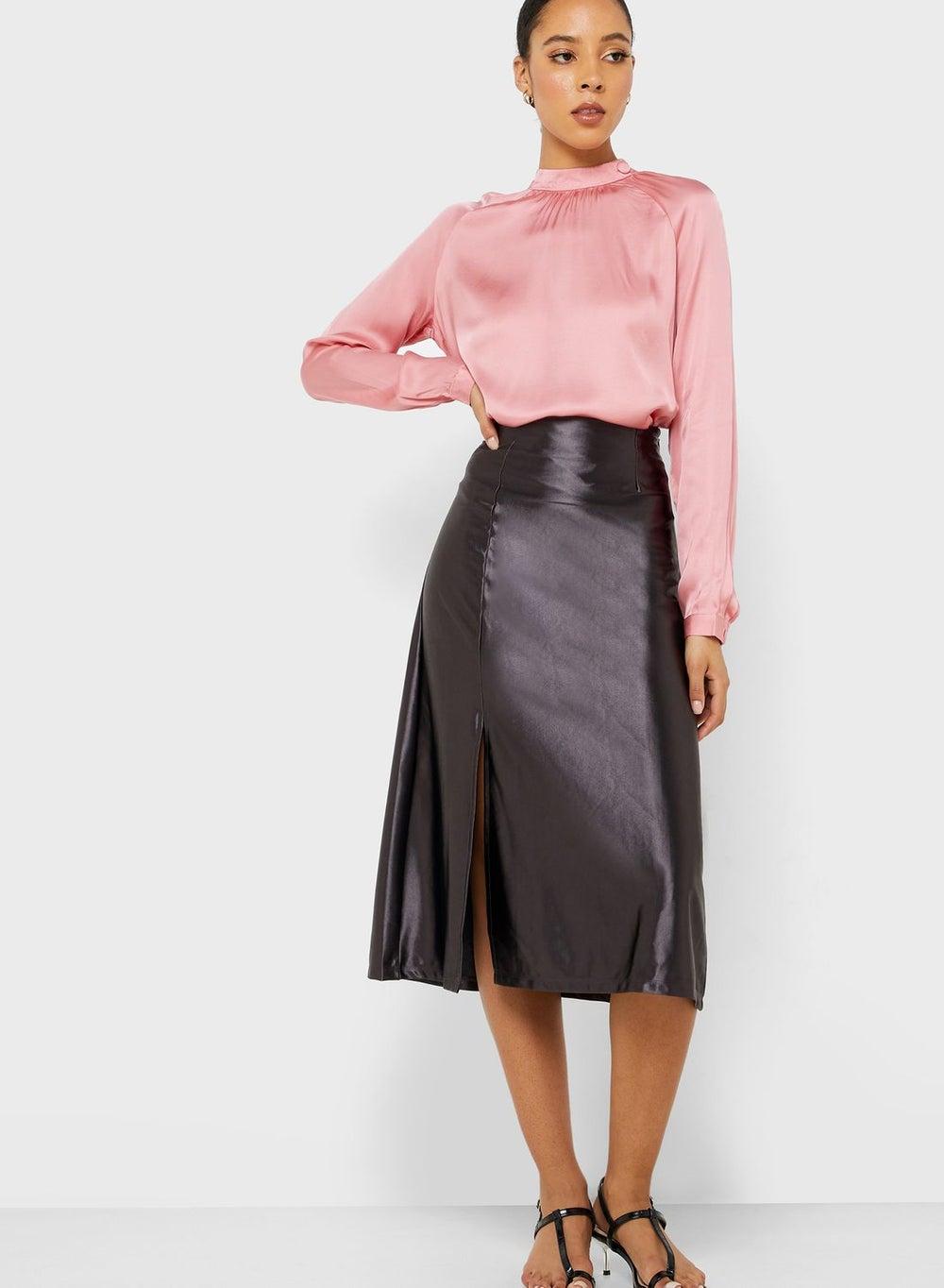 Black Satin Midi Skirt Xd147 99X - Image 1