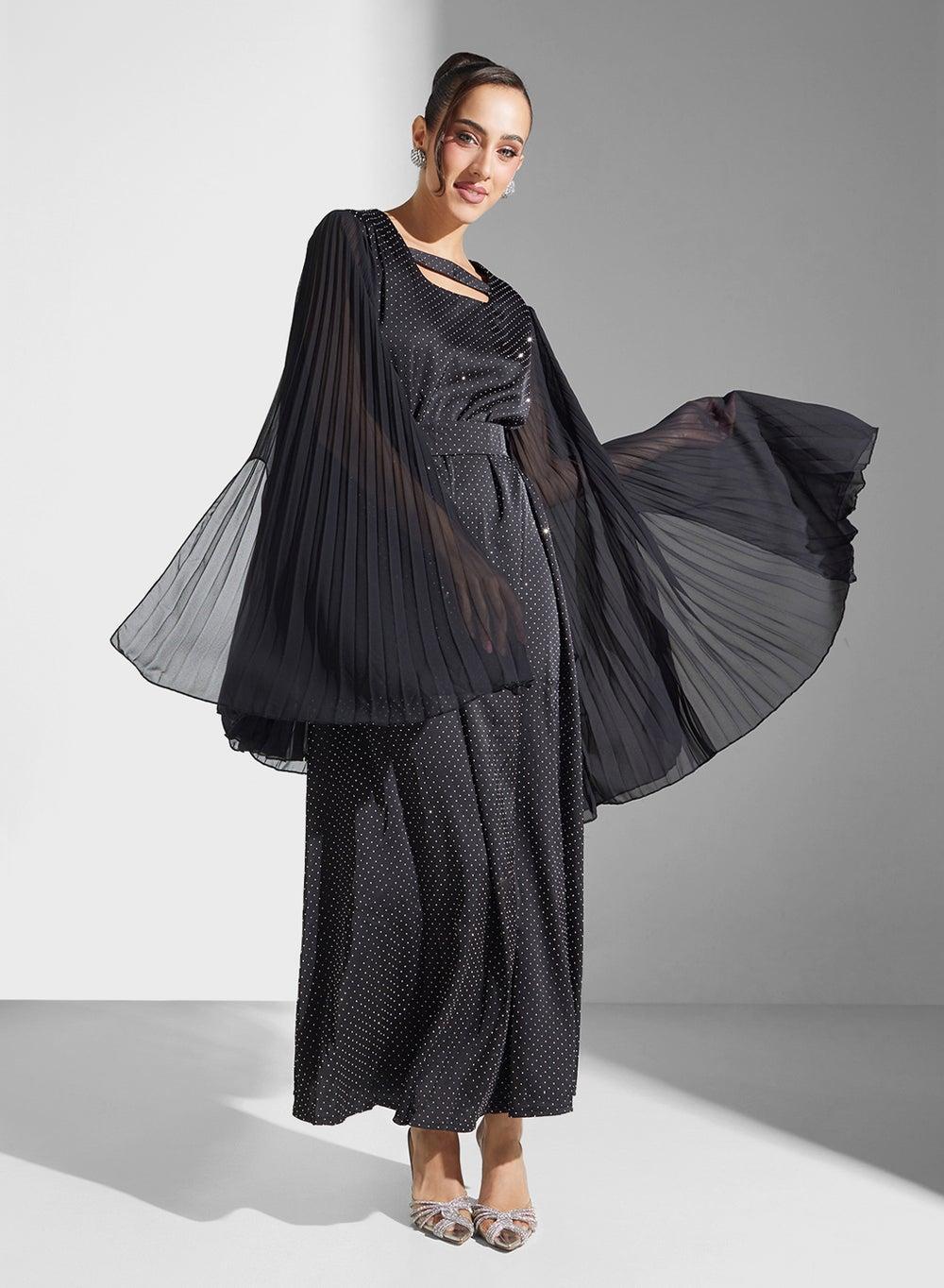 Black Jalabiya Mq138 with Elegant Pleated Sleeves - Image 1