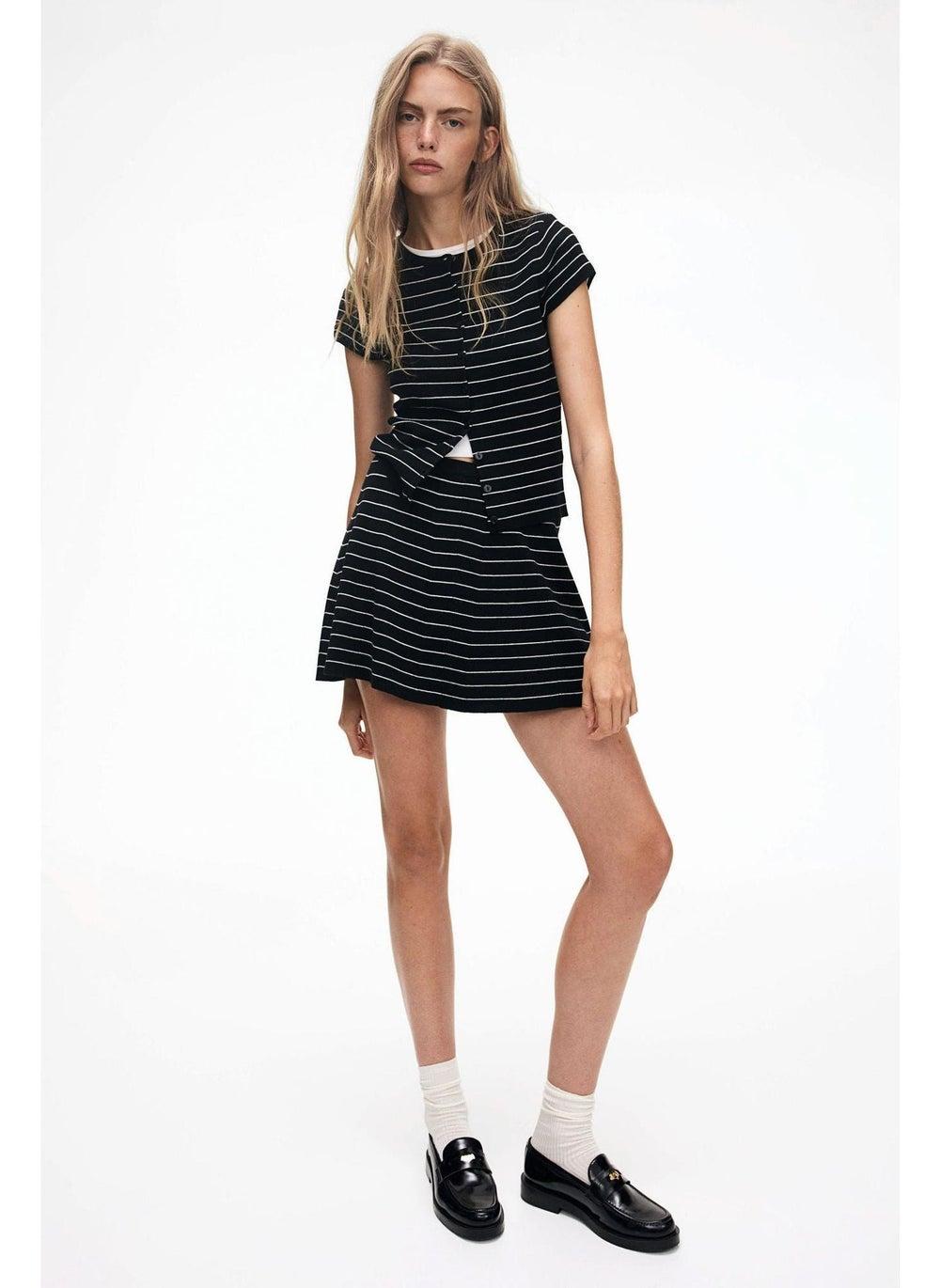 Flared Fine-Knit High-Waist Mini Skirt - Image 1