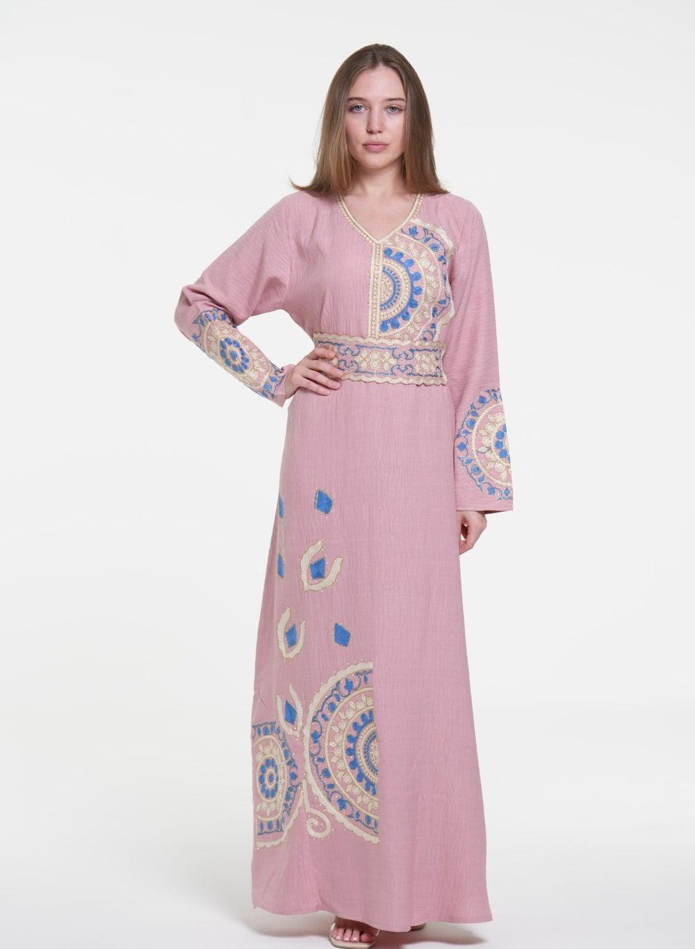 Pink Embroidered Linen Jalabiya Dress with Belt - Image 1