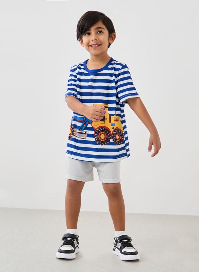 Boys Striped Excavator T-Shirt and Shorts Set - Image 1