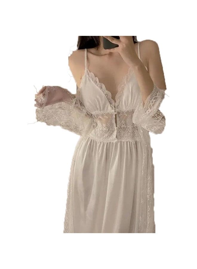 Elegant Lace Nightgown & Robe Set in Soft Cotton - Image 1