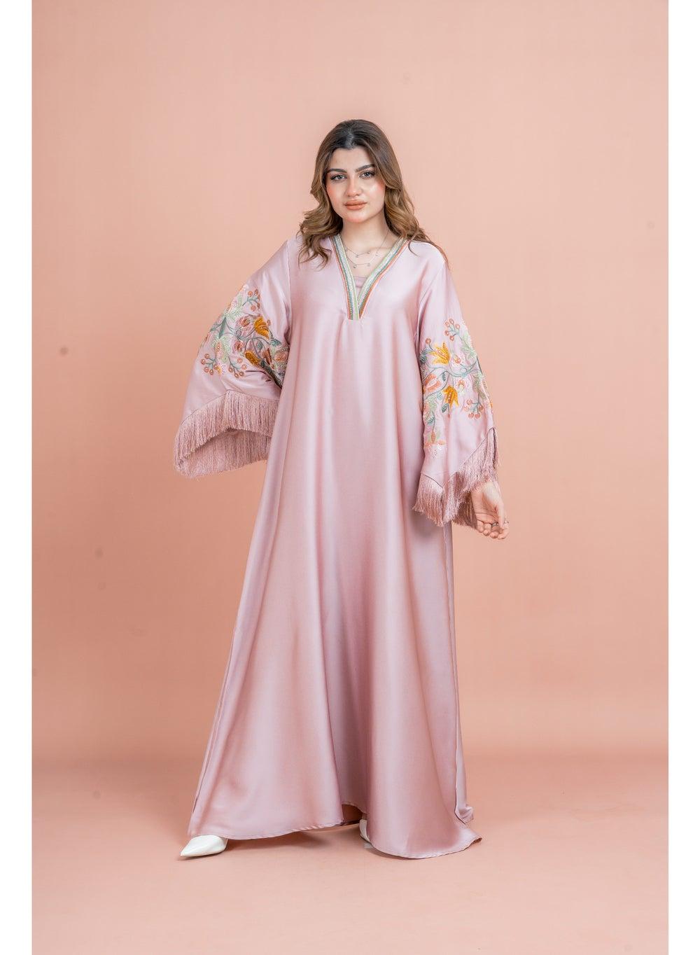 Embroidered Shimmer Sleeve Jalabiya V-Neck Festive Kaftan - Image 1