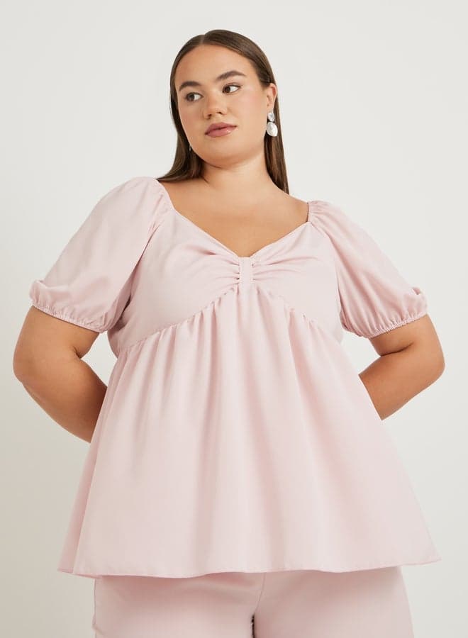 Plus Size Pink Puff Sleeve Twist Front Blouse 7011807128 - Image 1