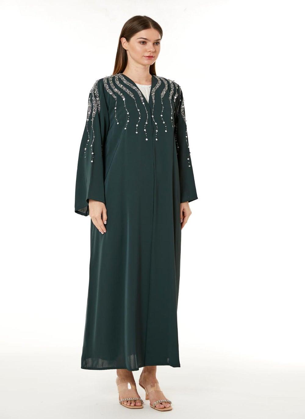Dark Green Korean Nida Embellished Abaya - Image 1
