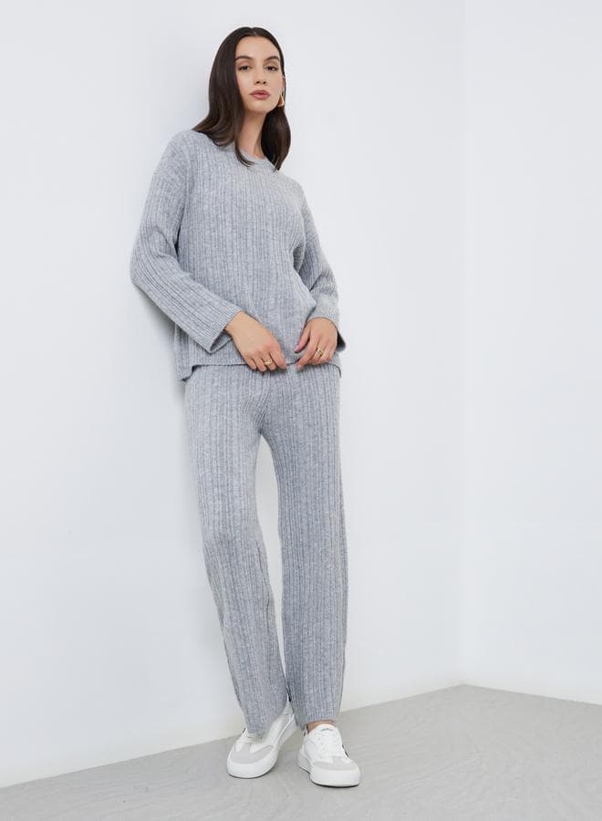 Styli Grey Ribbed Knit Co-Ord Sweater & Pants Set - Image 1