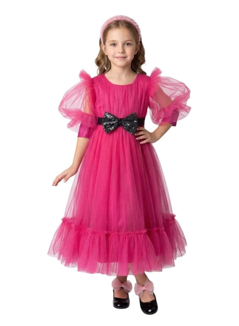 Fuchsia Bow Princess Maxi Dress for Girls - Image 1