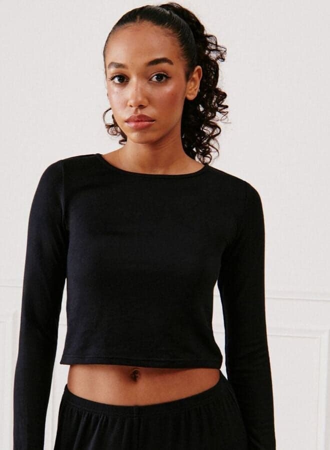 Black Cropped Knitted Top 654923305 Cotton Blend - Image 1