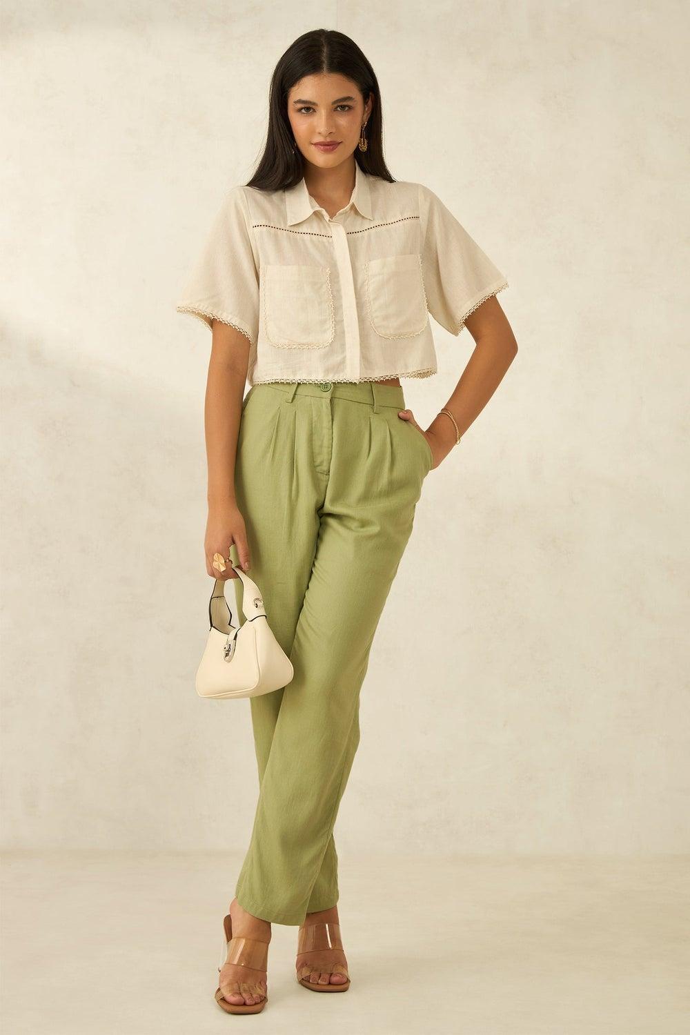 Virgio Cotton Linen Straight Fit Olive Trousers - Image 1