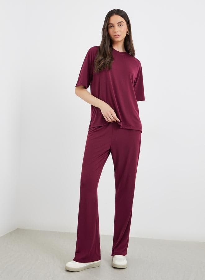Burgundy Solid Casual Co-Ord T-Shirt and Pants Set - Image 1