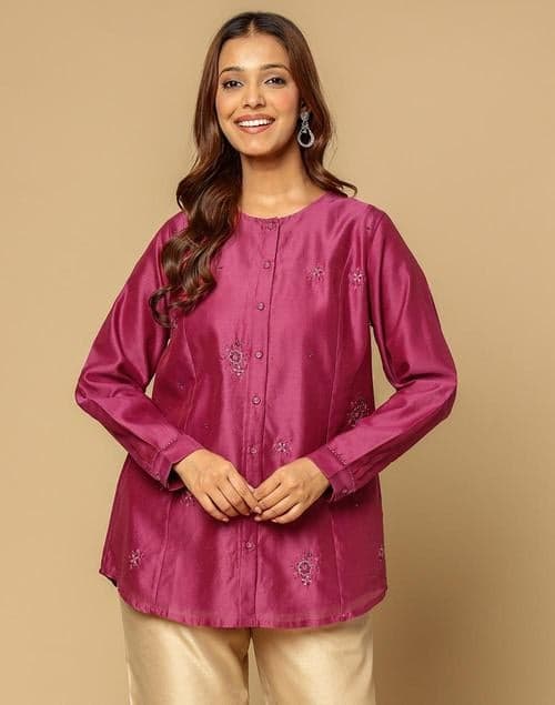Pink Cotton Silk Hand Embroidered Festive Kurta Tunic - Image 1
