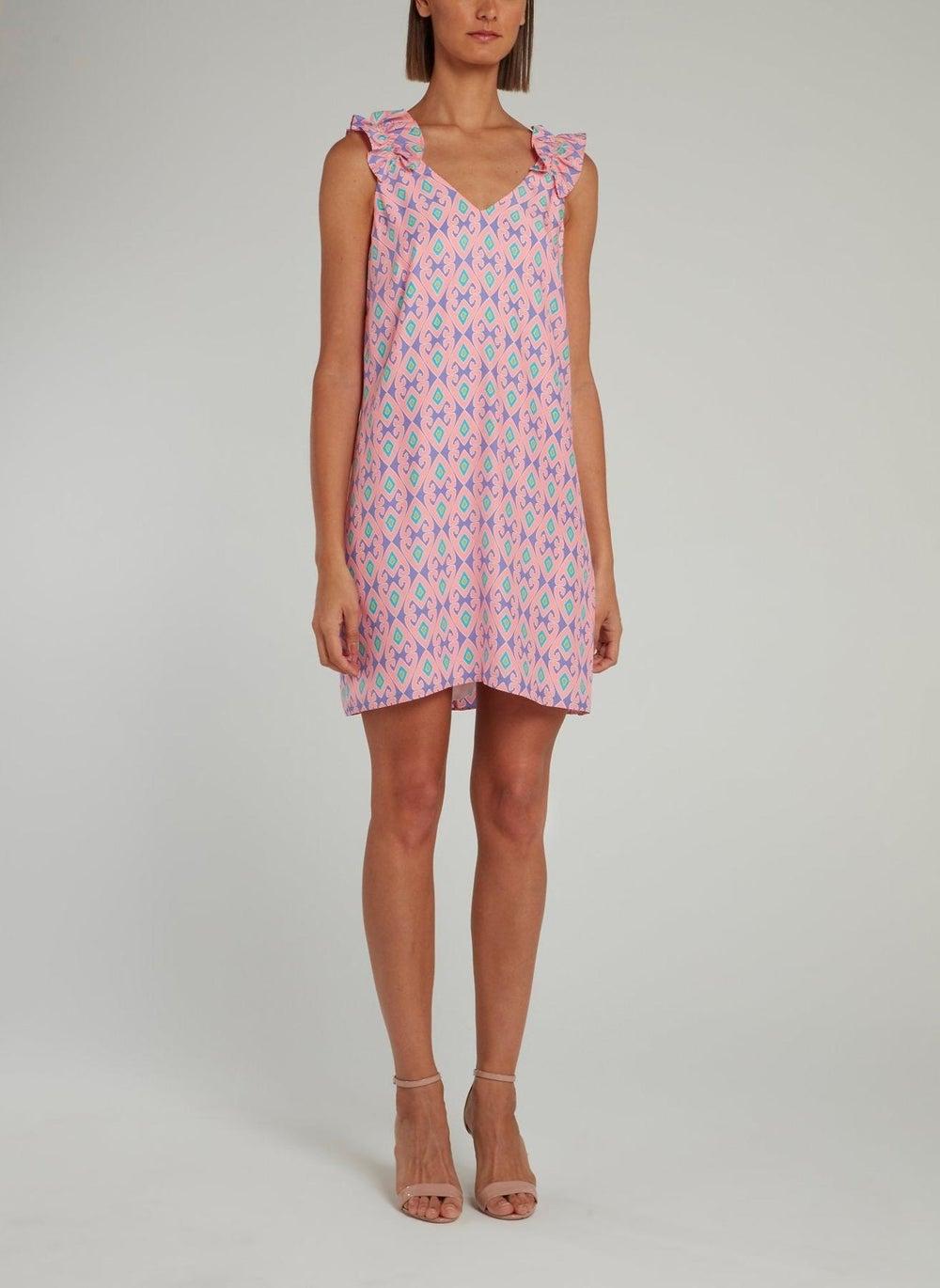 Pink Ruffle Strap Silk Mini Shift Dress - Image 1