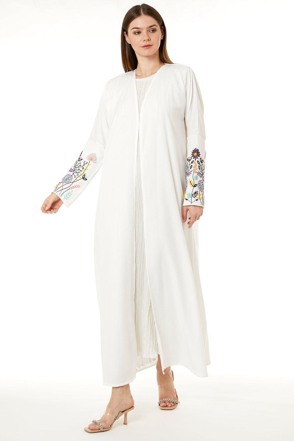 White Floral Embroidered Open Front Abaya - Image 1