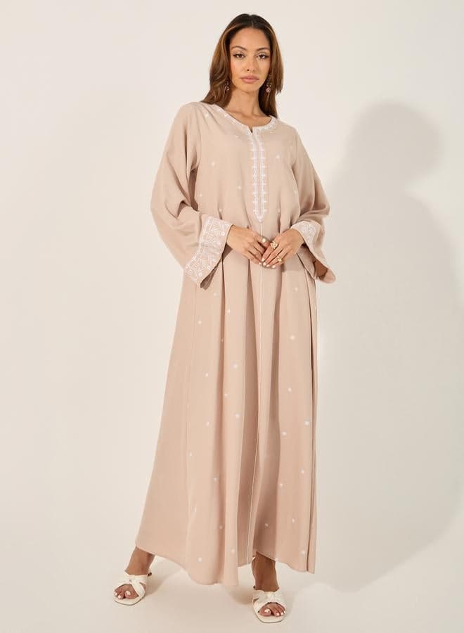 Styli Pink Embroidered Notch Neck A-Line Jalabiya - Image 1