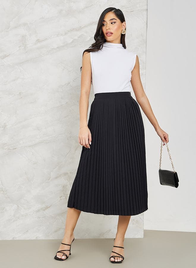 Black Pleated A-Line Midi Skirt 7006842801 - Image 1
