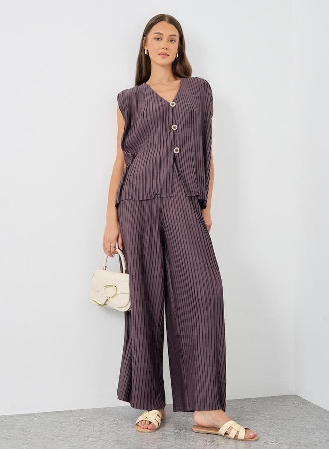 Brown High-Rise Plissé Wide Leg Trousers - Image 1