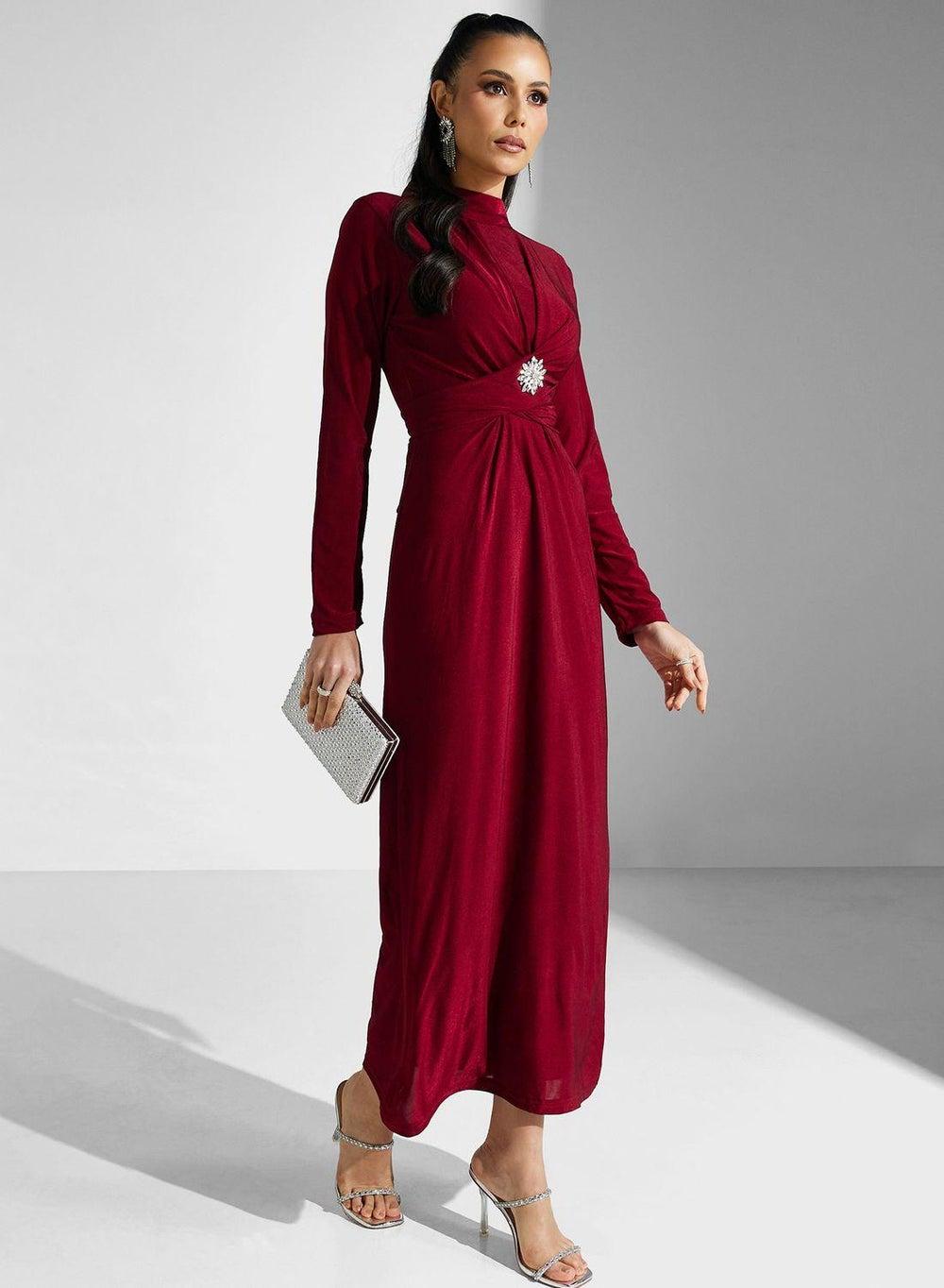Burgundy Brooch Waist A-Line Midi Dress - Image 1