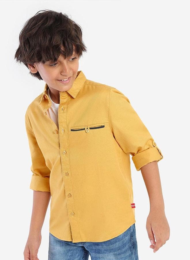 Boy's Mustard 100% Cotton Printed Regular Fit Shirt - Image 1