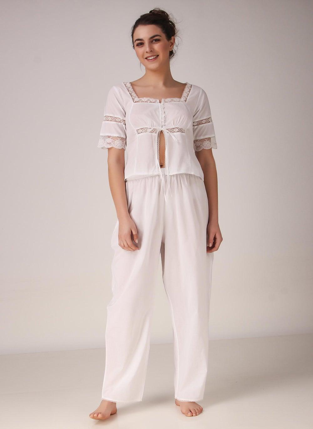 Ellie Vintage Cotton Pyjama Set White Classic Fit - Image 1