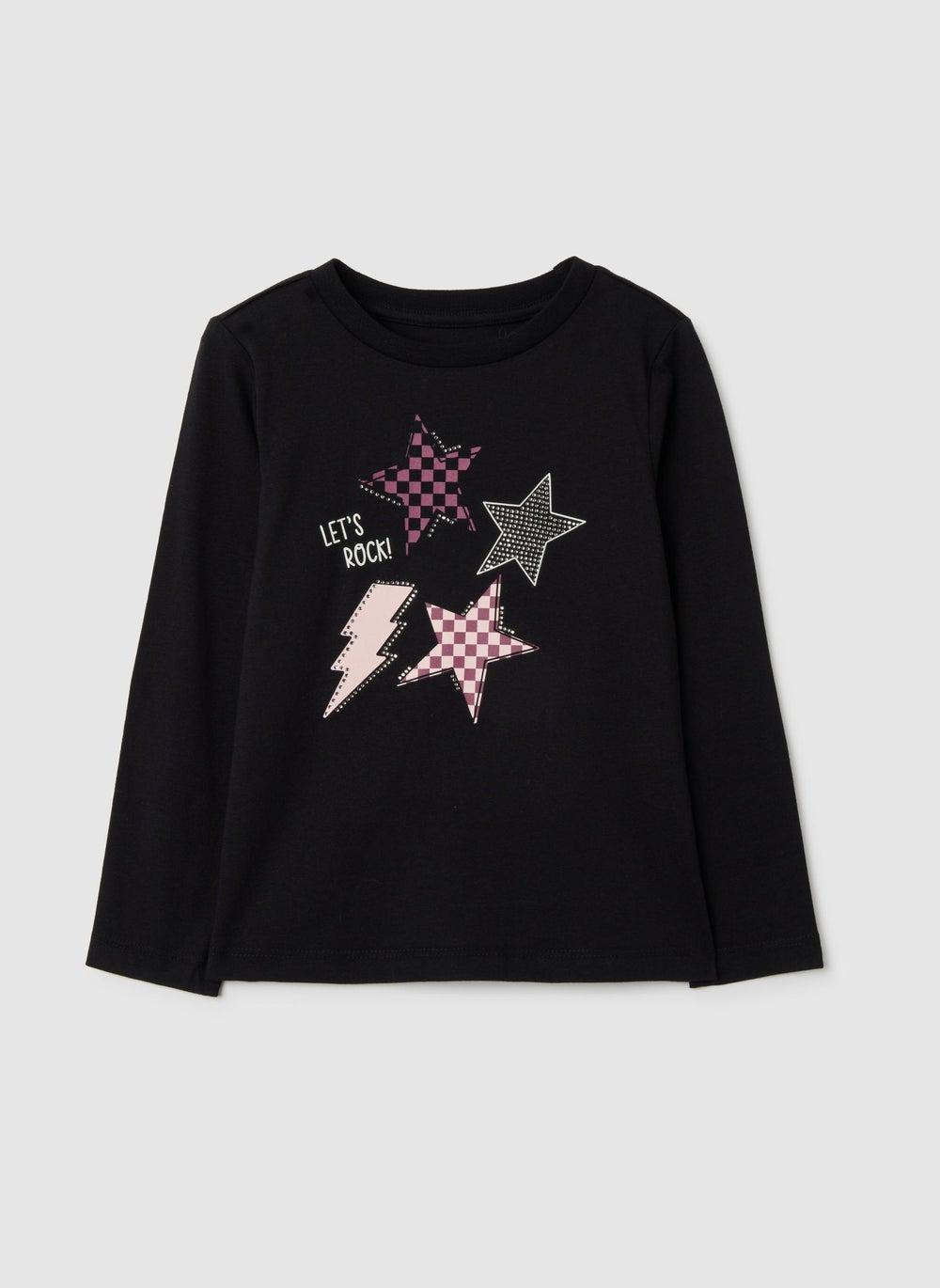 Girls Pure Black Cotton Star Print T-Shirt - Image 1