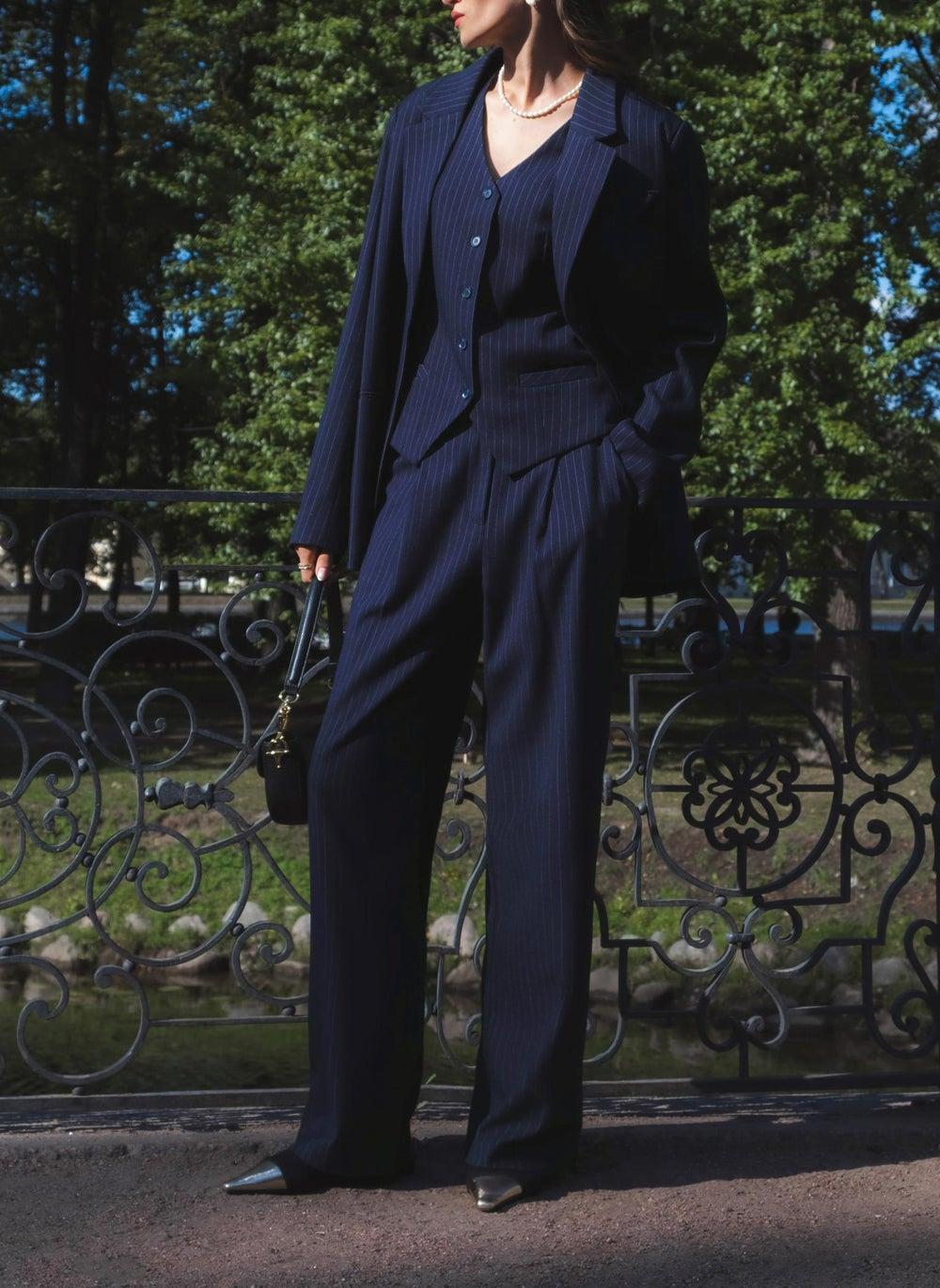 Blue Slim-Stripe Wide-Leg High Waist Trousers - Image 1